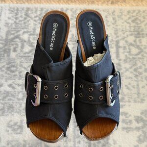ModaScapa Black Buckle Peep Toe Mule Heels Wood Heel 8